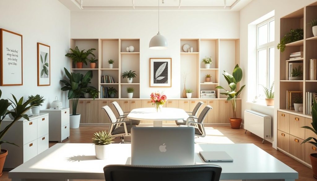 A bright, airy and organized office space with natural elements and modern decor. A large window floods the room with warm, diffused sunlight, casting a gentle glow on the clean white walls. In the foreground, a minimalist desk with a laptop, succulent plant and inspirational quote artwork. In the middle ground, comfortable ergonomic office chairs gathered around a central meeting table, adorned with fresh flowers. The background features built-in shelving units displaying potted plants, books and framed art pieces. An overall sense of harmony, productivity and mindfulness pervades the scene. A bright, airy and organized office space with natural elements and modern decor. A large window floods the room with warm, diffused sunlight, casting a gentle glow on the clean white walls. In the foreground, a minimalist desk with a laptop, succulent plant and inspirational quote artwork. In the middle ground, comfortable ergonomic office chairs gathered around a central meeting table, adorned with fresh flowers. The background features built-in shelving units displaying potted plants, books and framed art pieces. An overall sense of harmony, productivity and mindfulness pervades the scene.