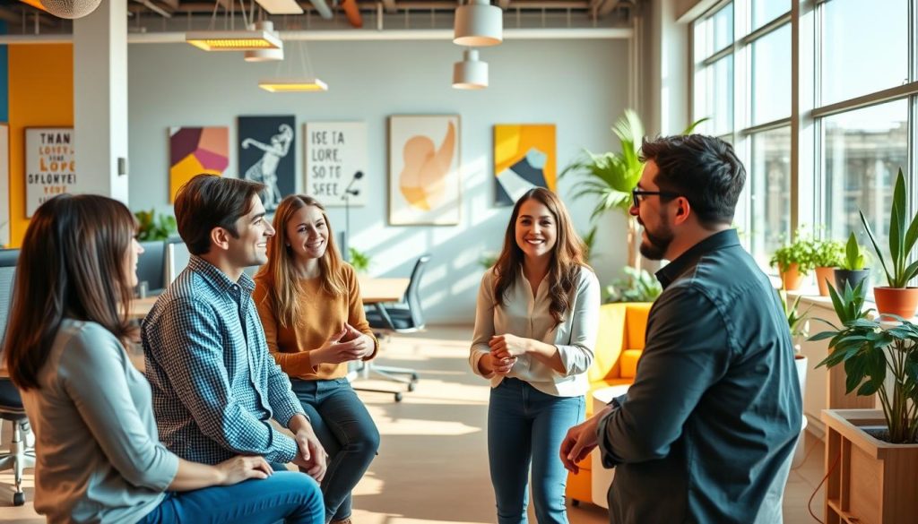 A bright, modern office setting with an open, collaborative atmosphere. In the foreground, a group of coworkers engaged in a lively discussion, their expressions animated and their body language relaxed. The middle ground features a communal workspace with ergonomic desks, comfortable seating, and natural light flooding in through large windows. The background showcases vibrant colors, inspirational wall art, and potted plants, creating a visually stimulating and rejuvenating environment. The overall scene exudes a sense of positivity, teamwork, and a genuine desire to start the workday on a high note. A bright, modern office setting with an open, collaborative atmosphere. In the foreground, a group of coworkers engaged in a lively discussion, their expressions animated and their body language relaxed. The middle ground features a communal workspace with ergonomic desks, comfortable seating, and natural light flooding in through large windows. The background showcases vibrant colors, inspirational wall art, and potted plants, creating a visually stimulating and rejuvenating environment. The overall scene exudes a sense of positivity, teamwork, and a genuine desire to start the workday on a high note.
