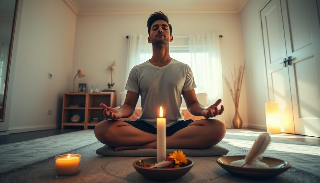 A cozy and tranquil bedroom bathed in warm morning light, a person sitting cross-legged on a cushion in lotus position, their eyes closed in deep meditation, surrounded by a few essential elements of a spiritual practice - a small altar with a flickering candle, a bowl of fresh flowers, and a single feather. The atmosphere is one of calm, introspection, and a sense of connection to the divine. The camera angle is low, capturing the serene scene from a slightly elevated perspective, creating a feeling of peaceful observation.