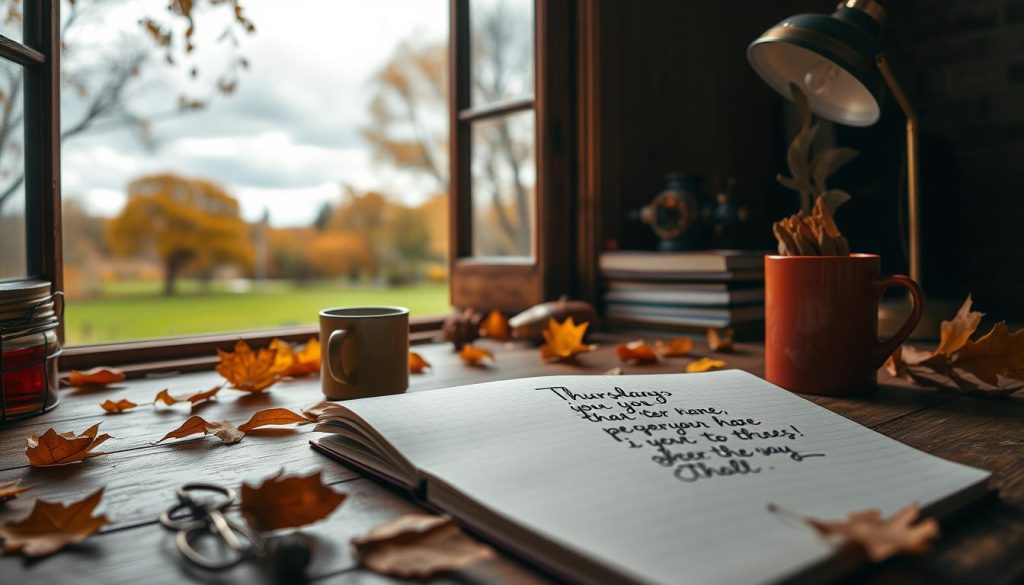 A cozy autumn afternoon, soft lighting illuminates a serene wooden desk. On the surface, an open notebook displays handwritten Thursday perseverance quotes, surrounded by scattered autumn leaves, a vintage desk lamp, and a steaming mug of hot tea. The wooden frame of the window in the background overlooks a tranquil park, with golden trees and a cloudy, moody sky. The overall atmosphere evokes a sense of tranquility, focus, and determination to overcome challenges.