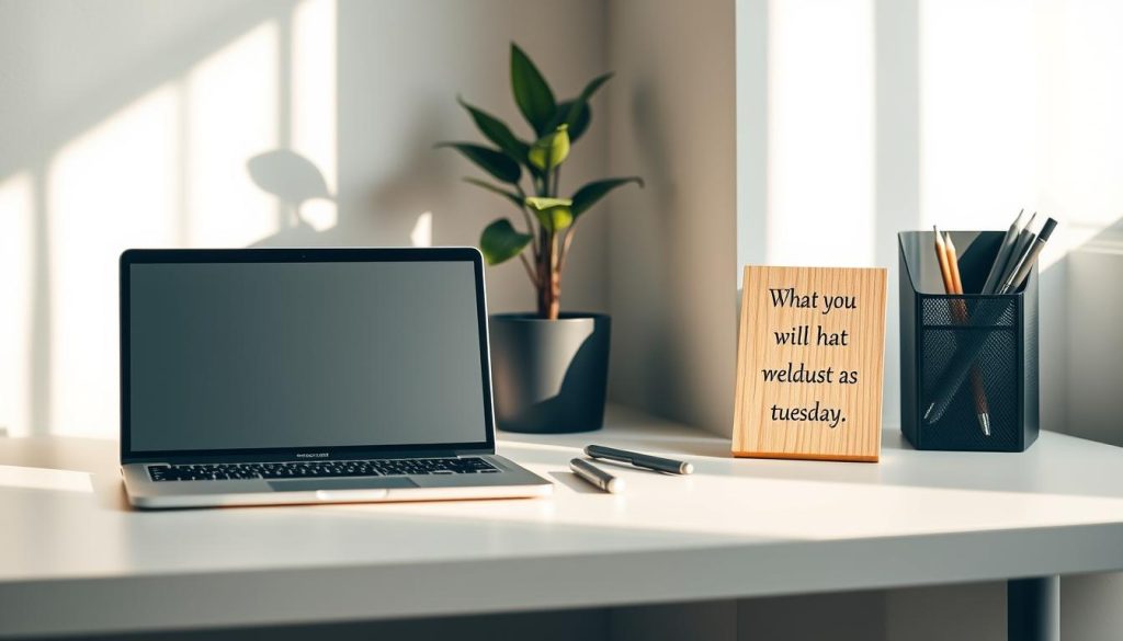 A crisp, minimalist desktop scene with a muted color palette, perfectly capturing the focused mindset of Tuesday work motivation. The foreground features a sleek laptop, a carefully arranged stationery set, and a single inspirational quote artfully displayed on a simple wooden plaque. The middle ground showcases a potted plant and a sleek, modern desk organizer, all set against a soft, neutral background with subtle hints of texture. Warm, natural lighting casts a gentle glow, creating a serene and productive ambiance. The overall composition exudes a sense of efficiency, determination, and a touch of understated elegance - the ideal visual representation of "tuesday motivational quotes for work". A crisp, minimalist desktop scene with a muted color palette, perfectly capturing the focused mindset of Tuesday work motivation. The foreground features a sleek laptop, a carefully arranged stationery set, and a single inspirational quote artfully displayed on a simple wooden plaque. The middle ground showcases a potted plant and a sleek, modern desk organizer, all set against a soft, neutral background with subtle hints of texture. Warm, natural lighting casts a gentle glow, creating a serene and productive ambiance. The overall composition exudes a sense of efficiency, determination, and a touch of understated elegance - the ideal visual representation of "tuesday motivational quotes for work".