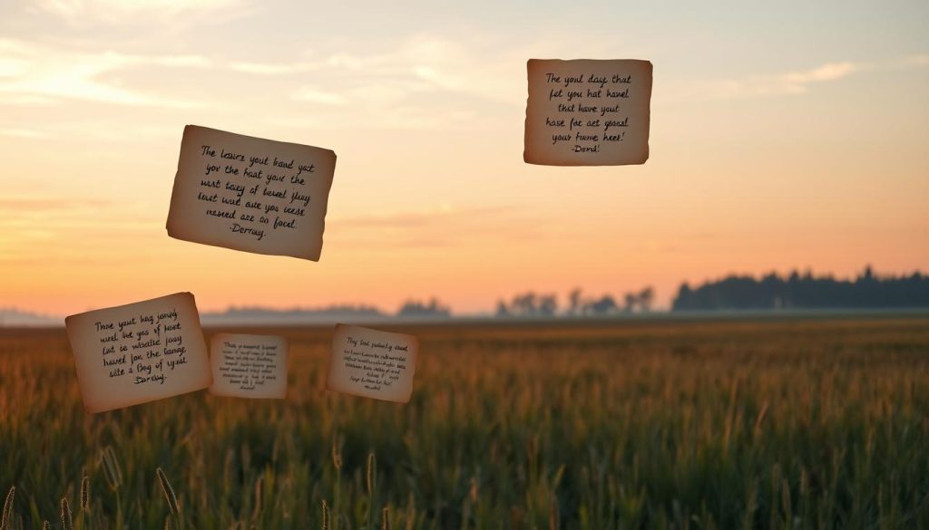 A serene dawn landscape with a soft, warm glow illuminating a tranquil meadow. In the foreground, a collection of handwritten spiritual quotes on vintage-style paper pages, each reflecting a distinct mood - from contemplative to joyful, pensive to inspired. The pages are gently suspended, seemingly floating in the air, creating an ethereal, meditative atmosphere. In the middle ground, a few wispy clouds drift across a pastel sky, while in the distance, a silhouetted treeline frames the scene. The lighting is gentle, diffused, and natural, conveying a sense of peace and harmony. Overall, the image evokes a calming, uplifting ambiance, perfect for the "Good Morning Spiritual Quotes for Every Mood" section.