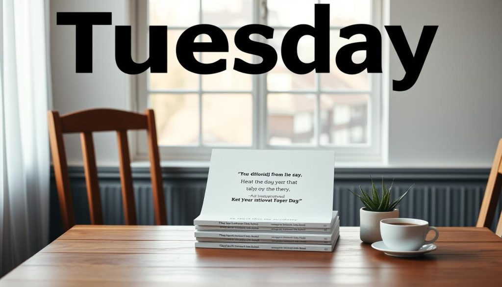 A serene desktop workspace, with a wooden table and chairs set against a backdrop of soft, natural light filtering through a window. On the table, a stack of inspirational Tuesday quotes displayed in a minimalist, typographic layout, subtly complemented by a potted plant and a cup of coffee. The overall atmosphere is one of tranquility and focus, inviting the viewer to pause, reflect, and start the day with a positive mindset.