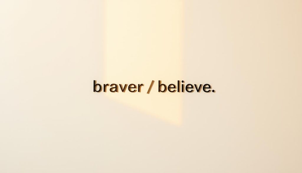 A serene, minimalist composition depicting a "braver believe" quote rendered in a clean, modern typeface against a soft, textured background. The text is centered and prominent, with generous negative space surrounding it to create a sense of calm and focus. The lighting is warm and diffused, casting gentle shadows that add depth and dimensionality to the scene. The overall mood is one of quiet, thoughtful inspiration, inviting the viewer to reflect on the empowering message.