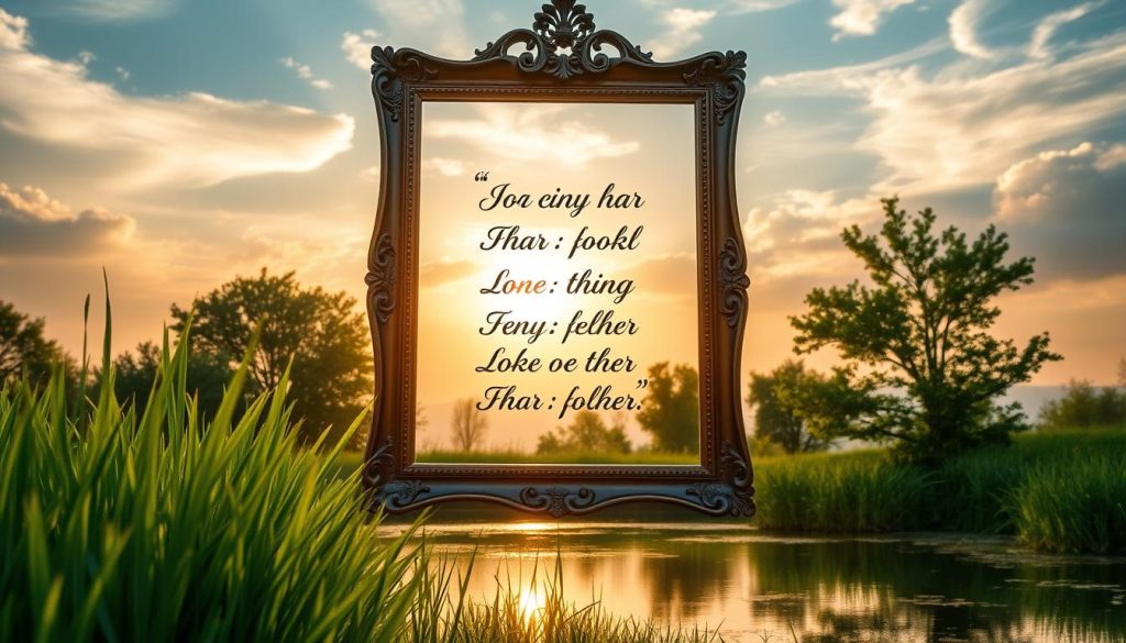 A serene morning landscape with warm, golden lighting filtering through wispy clouds. In the foreground, an ornate wooden frame holds several inspirational quotes, their calligraphic text shimmering. Lush greenery and a tranquil pond frame the scene, reflecting the sky above. The mood is one of peaceful motivation, a gentle call to begin the day with positivity and purpose. The camera angle is slightly elevated, capturing the entire composition in a soft, dreamlike focus. This scene embodies the power of morning quotes to uplift and inspire.