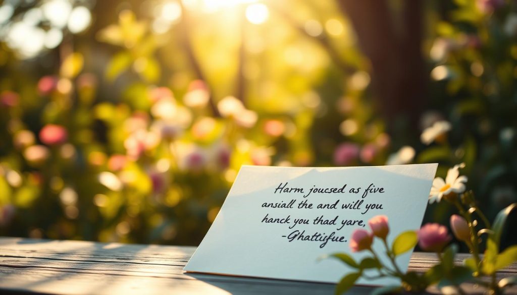 A serene, sun-dappled garden setting, with lush foliage and blooming flowers in the background. In the foreground, a tasteful, minimalist arrangement of handwritten gratitude quotes on delicate paper, illuminated by warm, natural lighting and cast against a softly blurred, bokeh-filled backdrop. The composition evokes a sense of tranquility, appreciation, and inner peace, inviting the viewer to pause and reflect on the uplifting messages.