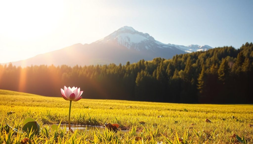 A serene, sun-dappled meadow bathed in a warm, golden glow. In the foreground, a single lotus flower blossoms, its delicate petals unfurling in a tranquil pool of still water. Surrounding the lotus, a halo of soft light creates an aura of inner peace and spiritual enlightenment. In the middle ground, a majestic, snow-capped mountain range rises majestically, its peaks touching the azure sky. The background is filled with a lush, verdant forest, its canopy of trees swaying gently in a light breeze. The overall mood is one of profound serenity, inviting the viewer to find a moment of inner calm and contemplation.