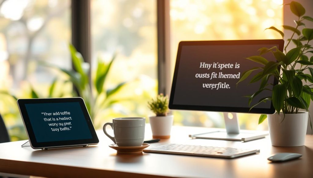 A serene workspace bathed in warm natural light, with a clean minimalist desk displaying a cup of coffee, a potted plant, and a tablet displaying inspirational quotes against a blurred background of lush greenery through large windows. The overall atmosphere radiates a sense of focus, productivity, and tranquility, perfectly embodying the spirit of "Tuesday Inspirational Quotes for Work Energy". A serene workspace bathed in warm natural light, with a clean minimalist desk displaying a cup of coffee, a potted plant, and a tablet displaying inspirational quotes against a blurred background of lush greenery through large windows. The overall atmosphere radiates a sense of focus, productivity, and tranquility, perfectly embodying the spirit of "Tuesday Inspirational Quotes for Work Energy".
