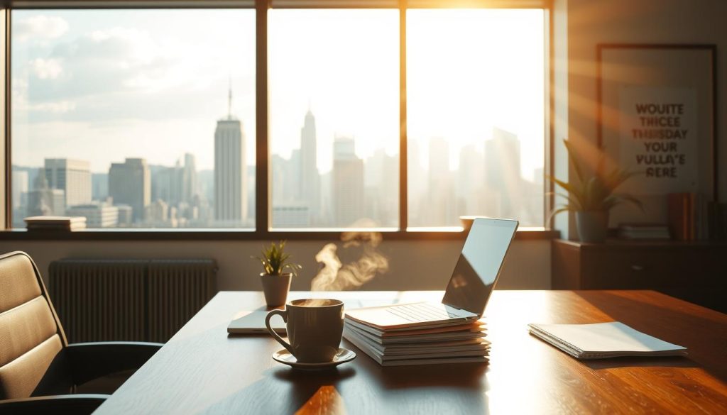 A sun-dappled office space, with a large window overlooking a bustling city skyline. In the foreground, a wooden desk with a laptop, a cup of steaming coffee, and a stack of neatly organized papers. The desk is adorned with a few carefully placed items, such as a small potted plant and a motivational quote framed on the wall. The lighting is warm and inviting, casting a soft glow throughout the room. A sense of focus and determination fills the air, as the scene evokes a productive, yet calming, Thursday work environment.