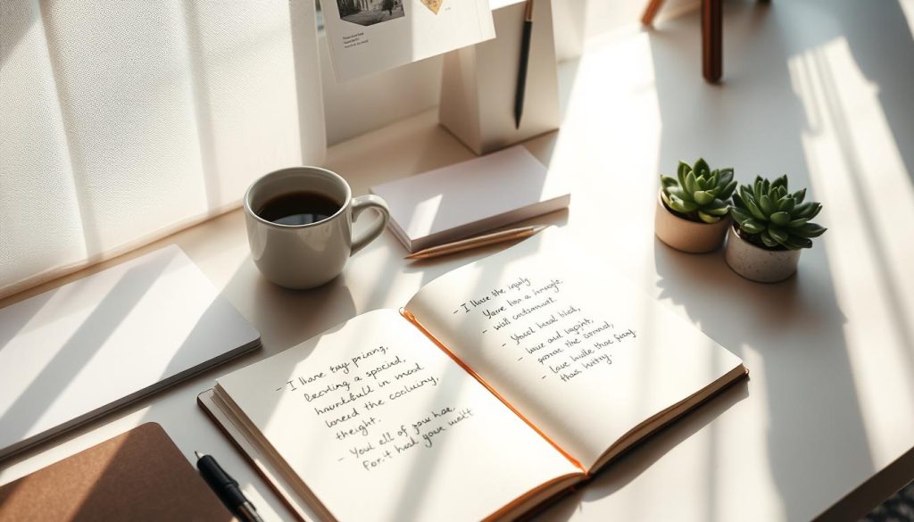 A tranquil Tuesday morning, the sun's warm rays illuminating a serene workspace. On the desk, an open notebook with handwritten quotes, surrounded by minimalist stationery, a cup of coffee, and a succulent plant. The frame is slightly off-center, creating a dynamic composition. Soft, natural lighting casts gentle shadows, evoking a contemplative atmosphere. The overall mood is one of focused productivity and inner motivation, reflecting the power of Tuesdays to inspire and invigorate.