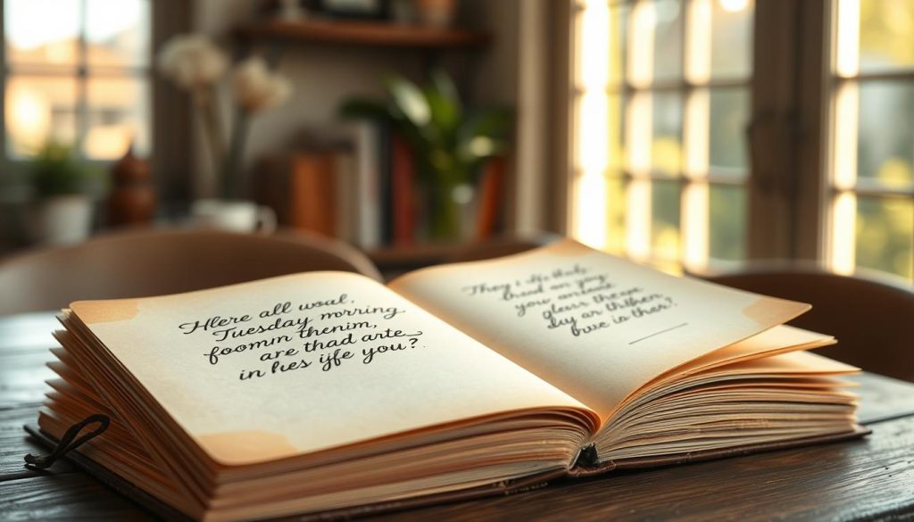 A tranquil morning scene with a serene, soft-focus background. In the foreground, a stack of antique-looking notebooks or journals, their pages open to reveal handwritten inspirational Tuesday morning quotes in elegant calligraphy. The notebooks are placed on a wooden table, possibly in a cozy, sun-dappled study or café setting. Gentle natural lighting filters through windows, casting a warm, golden glow over the scene. The overall mood is one of contemplation, introspection, and the start of a new day brimming with possibility.