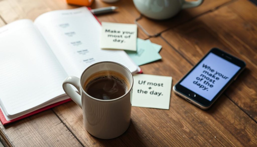 A vibrant and motivational Thursday scene. In the foreground, a coffee mug filled with a warm, fragrant brew sits on a rustic wooden desk. Surrounding it, scattered notes, a planner, and a phone display encouraging messages about seizing the day. The middle ground features a large window, bathing the scene in soft, natural light. In the background, a lush green plant adds a touch of life and vitality. The overall mood is one of focus, productivity, and a sense of purpose - a visual reminder that Thursday motivation can make all the difference in your week.