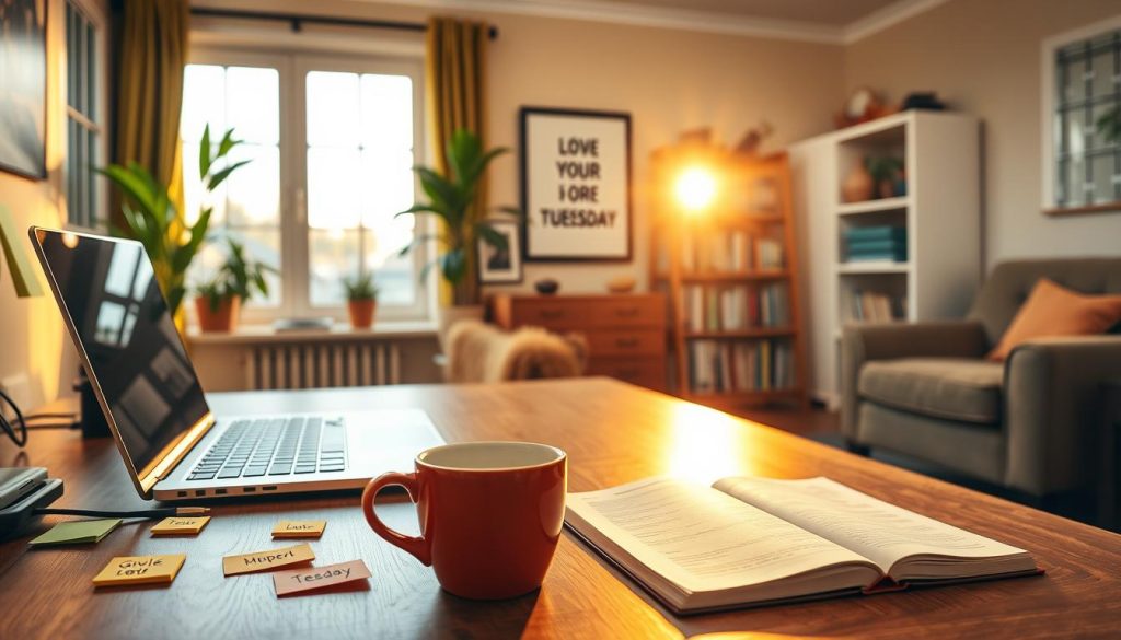A vibrant scene of a cozy home office on a Tuesday morning. In the foreground, a wooden desk with a laptop, a mug of steaming coffee, and a journal open to fresh pages. Inspirational post-it notes dot the workspace, radiating a sense of focus and productivity. The middle ground features a large window, casting warm, golden light across the room, illuminating a potted plant and a framed motivational artwork on the wall. In the background, a glimpse of a neatly organized bookshelf and a plush, comfortable chair, inviting the viewer to settle in and tackle the day's tasks with newfound energy and determination. A vibrant scene of a cozy home office on a Tuesday morning. In the foreground, a wooden desk with a laptop, a mug of steaming coffee, and a journal open to fresh pages. Inspirational post-it notes dot the workspace, radiating a sense of focus and productivity. The middle ground features a large window, casting warm, golden light across the room, illuminating a potted plant and a framed motivational artwork on the wall. In the background, a glimpse of a neatly organized bookshelf and a plush, comfortable chair, inviting the viewer to settle in and tackle the day's tasks with newfound energy and determination.