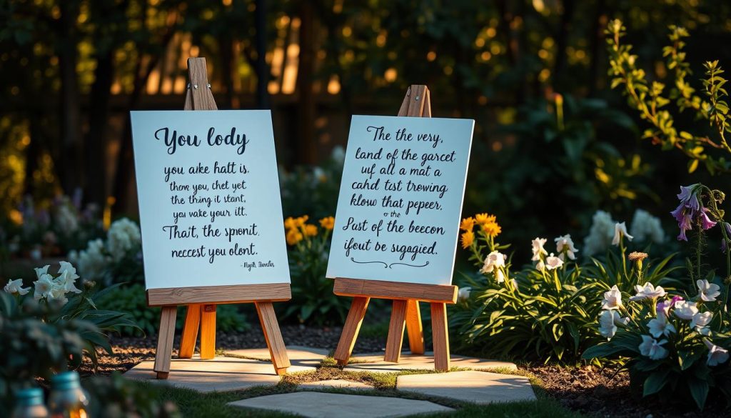 Soft, warm lighting bathes a tranquil garden setting, where a collection of handwritten motivational quotes are elegantly displayed on a wooden easel. The background features lush foliage and a serene sky, creating a peaceful, uplifting ambiance. The quotes, in a variety of calligraphic styles, convey messages of positivity, resilience, and gratitude, perfect for inspiring readers on a Thursday. The overall composition exudes a sense of tranquility and optimism, inviting the viewer to pause and reflect on the wisdom expressed.