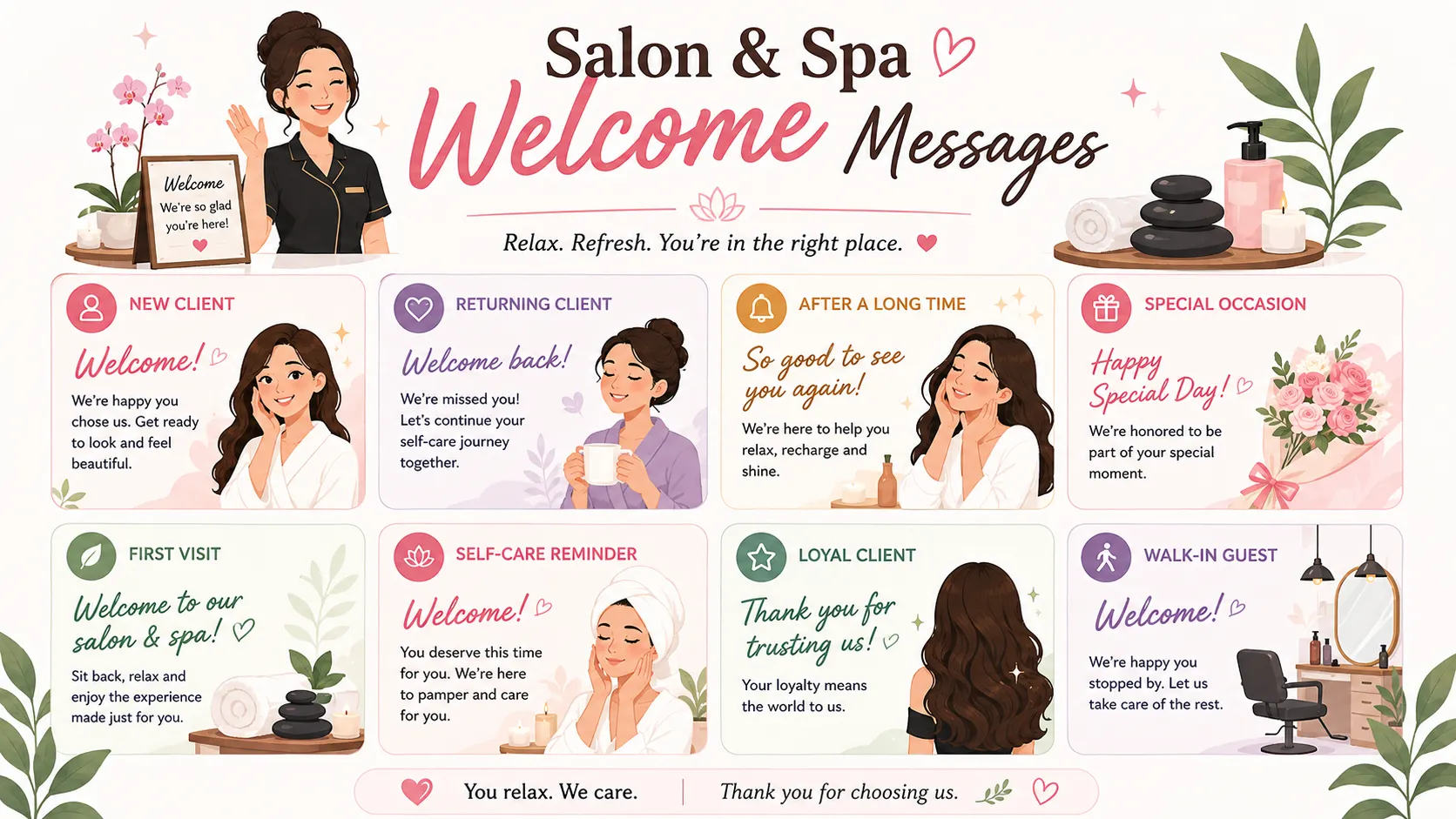 350+ Welcome Messages for Customers, Clients & Guests (2026 Guide With Templates You Can Steal) 15 Salon and Spa Welcome Messages