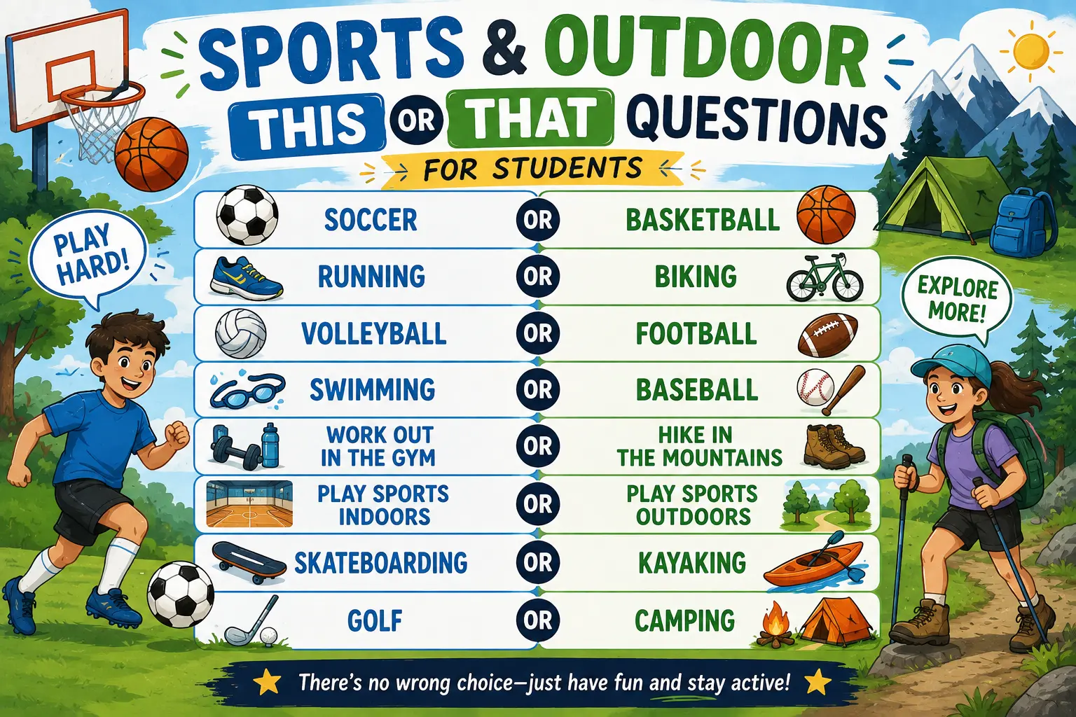 250+ This or That Questions for Students: Icebreakers, Brain Breaks & Class Games 7 Sports and Outdoor Questions for Students